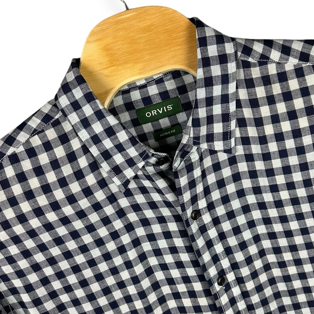 Orvis Active‎ Fit Men's XL Button Up Shirt Navy Gray Gingham Linen Tencel Blend